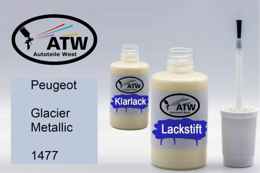 Peugeot, Glacier Metallic, 1477: 20ml Lackstift + 20ml Klarlack - Set, von ATW Autoteile West.